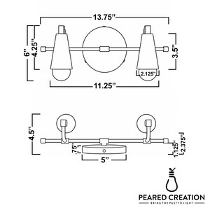 May include: A black and white diagram of a two-light vanity fixture. The fixture is 34.9 cm wide and 15.2 cm tall. The light fixture has two conical shades and a round backplate. The text "PEARED CREATION" is at the bottom.