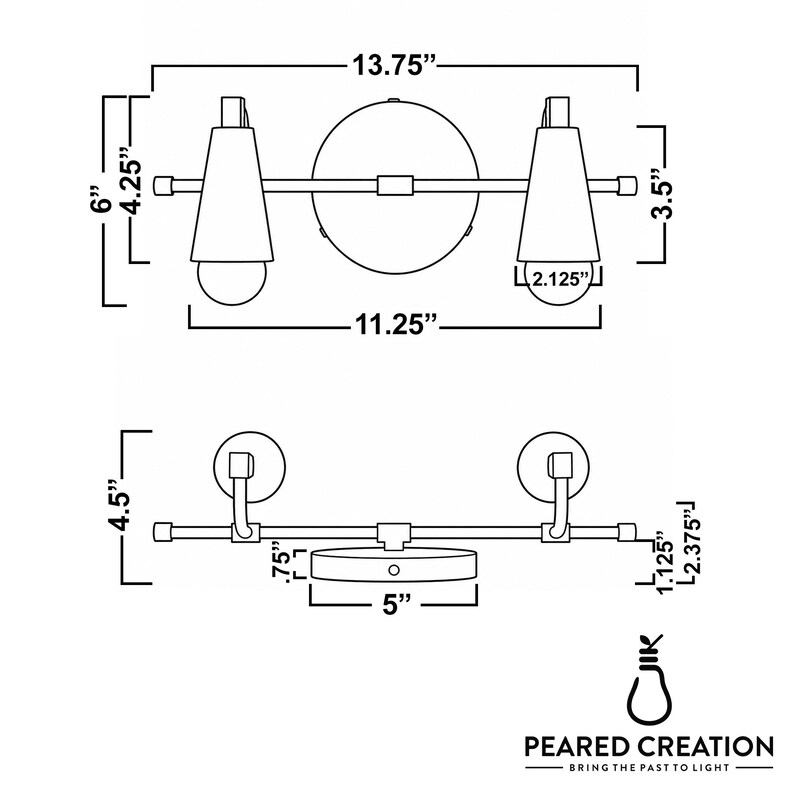 May include: A black and white diagram of a two-light vanity fixture. The fixture is 34.9 cm wide and 15.2 cm tall. The light fixture has two conical shades and a round backplate. The text "PEARED CREATION" is at the bottom.