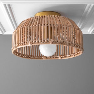 Rattan Basket Light - Bamboo Trap Basket  - Natural Fiber Ceiling Light -  Unique Lighting - Opal Globe - Boho Model No. 4415