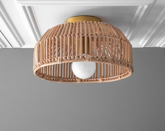 Rattan Basket Light - Bamboo Trap Basket  - Natural Fiber Ceiling Light -  Unique Lighting - Opal Globe - Boho Model No. 4415