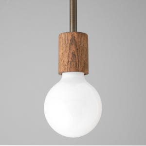 May include: A wooden pendant light with a white globe light bulb. The wood is a dark brown color with a natural wood grain.