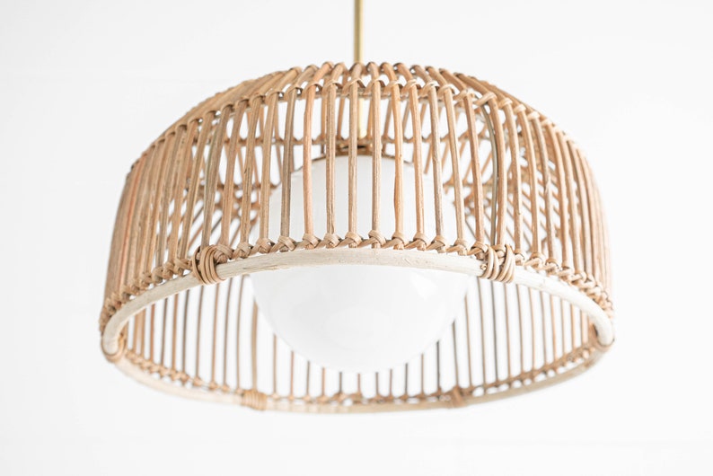 Rattan Basket Light Opal Globe Natural Fiber Ceiling Light Unique Lighting Boho Model No. 4843 image 4