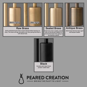 May include: Four different finishes of metal lamp finials: raw brass, sealed brass, antique brass, and black. The text "Raw Brass" describes the unsealed brass, "Sealed Brass" describes the brass with an anti-tarnish additive, "Antique Brass" describes the aged brass, and "Black" describes the black powder-coated steel finial. The text "Peared Creation - Bring the Past to Light" is at the bottom of the image.