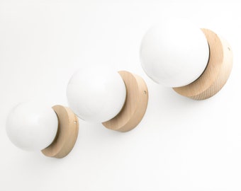 Beech Wood Lamp - Minimalist Sconce - Opal Globe Lamp - Natural Wood Light - Model No. 5719