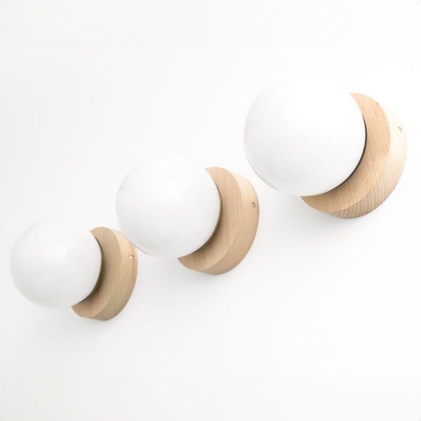 Beech Wood Lamp - Minimalist Sconce - Opal Globe Lamp - Natural Wood Light - Model No. 5719