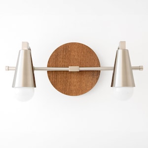 Brushed Nickel Wood Sconce - Oak Finish Lamp - Scandinavian Light - Bathroom Vanity - Model No. 1229