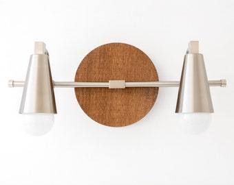 Brushed Nickel Wood Sconce - Oak Finish Lamp - Scandinavian Light - Bathroom Vanity - Model No. 1229