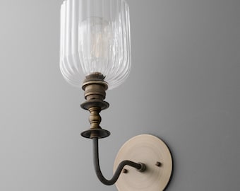 Sconce Light - Brass Wall Sconce - Glass Wall Light - Ribbed Glass Lamp - Model No. 1134