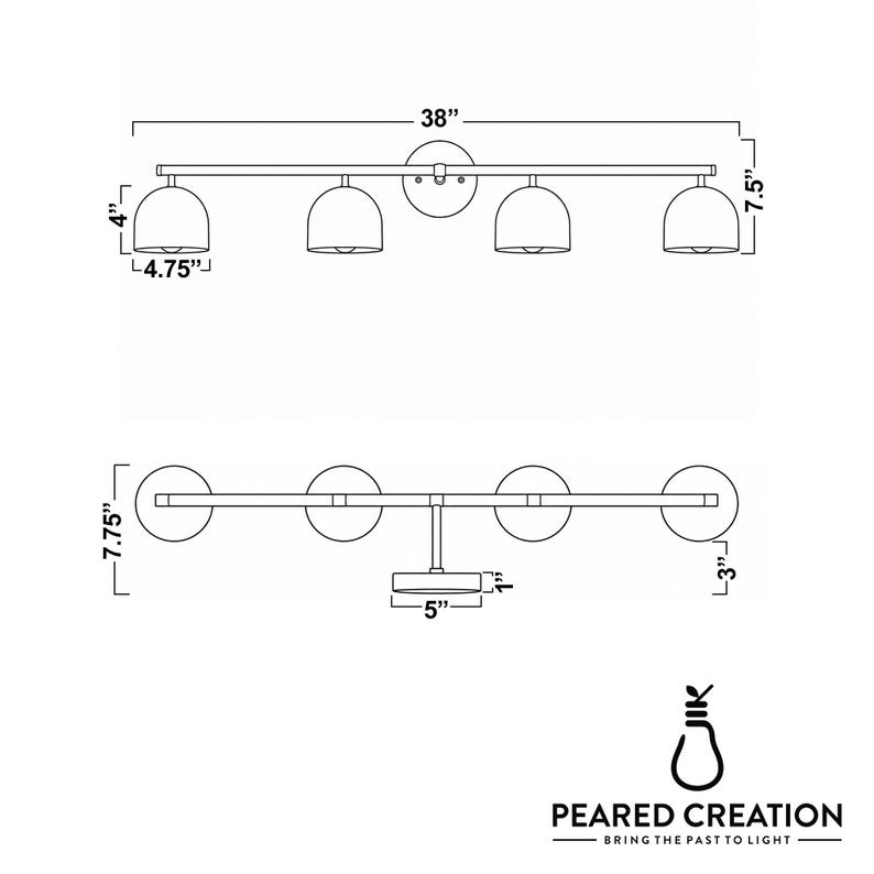 May include: A diagram of a four-light vanity fixture. The fixture is 38 inches wide, with four bell-shaped shades. The shades are 4.75 inches wide and 4 inches tall. The fixture's overall height is 7.5 inches. The base is 5 inches wide.
