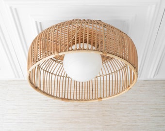 Rattan Basket Shade with Globe - Ceiling Light - Boho Lighting - Modern Lighting - Rattan Shade - Pendant Lighting - Boho Model No. 4944