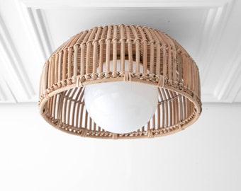 Rattan Basket Light - Opal Globe  - Natural Fiber Ceiling Light -  Unique Lighting - Boho Model No. 4843