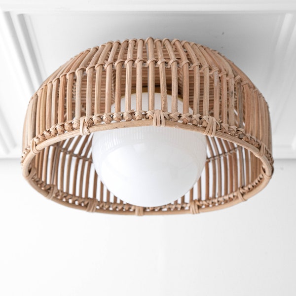 Rattan Basket Light - Opal Globe  - Natural Fiber Ceiling Light -  Unique Lighting - Boho Model No. 4843