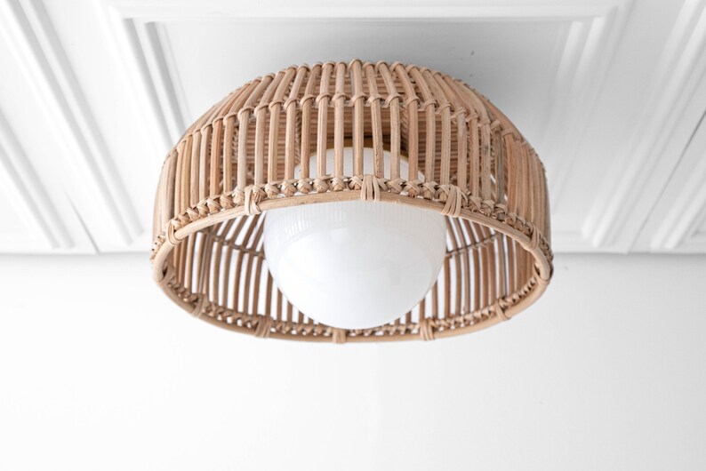 Rattan Basket Light Opal Globe Natural Fiber Ceiling Light Unique Lighting Boho Model No. 4843 image 1