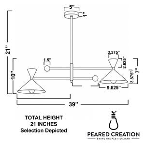 May include: A black line drawing of a two-light chandelier with a central rod, a 5-inch canopy, and two conical shades. Dimensions include a 21-inch total height, 39-inch width, and 9.625-inch shade diameter. Text reads PEARED CREATION BRING THE PAST TO LIGHT.