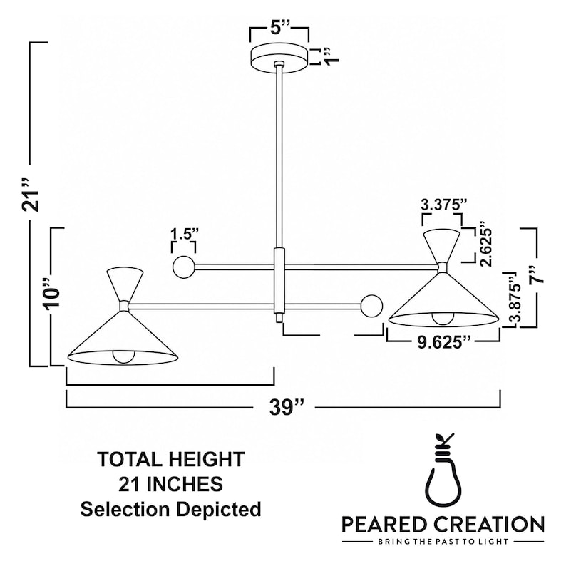May include: A black line drawing of a two-light chandelier with a central rod, a 5-inch canopy, and two conical shades. Dimensions include a 21-inch total height, 39-inch width, and 9.625-inch shade diameter. Text reads PEARED CREATION BRING THE PAST TO LIGHT.