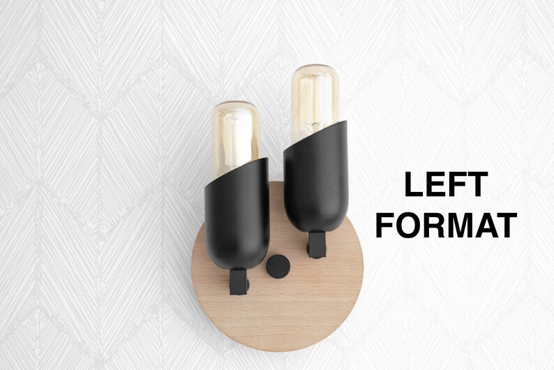 May include: Two black wall sconces with clear glass bulbs mounted on a round wooden base.  LEFT FORMAT