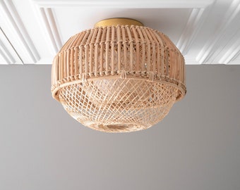 Rattan Basket Light - Bamboo Trap Basket  - Natural Fiber Ceiling Light -  Unique Lighting - Opal Globe - Boho Model No. 7790
