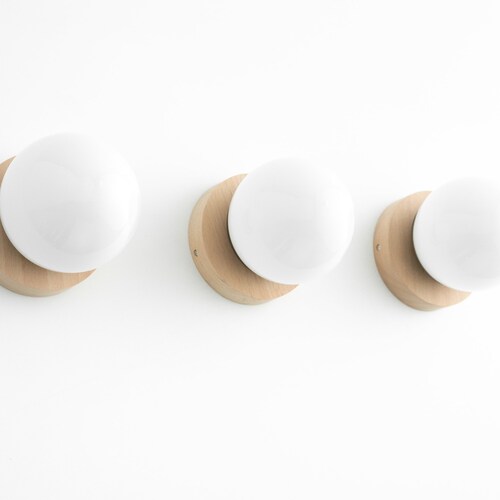 Oak Finish Lamp - Minimalist Sconce - Opal Globe Lamp - Natural Wood Light - shops Flush Mount - Model No. 5719