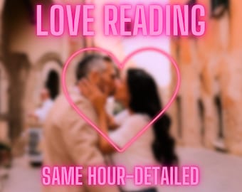 May include: Image with the text "LOVE READING" in pink neon letters above a pink heart outline. Inside the heart, a blurred image of a couple kissing. Below the heart, the text "SAME HOUR-DETAILED".