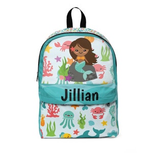 Personalized Mermaid Classic Backpack, Colorful Mermaid Ocean animal, girl design, AA brown hair