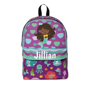 Personalized Purple Mermaid Classic Backpack, Colorful Mermaid Ocean animal, girl design ,curly hair