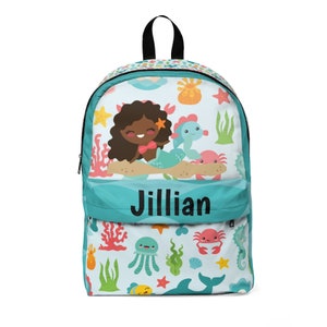 Personalized Mermaid Classic Backpack, Colorful Mermaid Ocean animal, girl design, AA curly hair