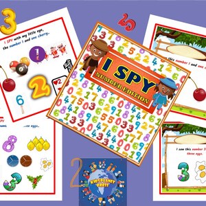 Peut inclure: Ensemble de matériel éducatif coloré pour enfants, avec le jeu "I Spy Number Edition". L'image présente des cartes avec des chiffres, des illustrations et le texte "I Spy" avec divers objets. Les chiffres 1, 2, 3, 5 et 6 sont mis en évidence.