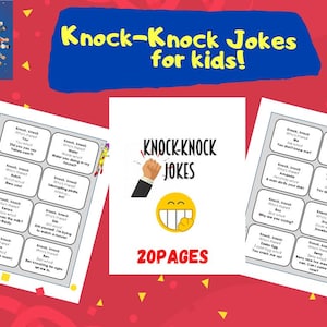 Puede incluir: Una colección de "¡Chistes de Toc Toc para niños!" con fondo rojo. La portada presenta el título y un emoji sonriente. En el interior hay páginas con chistes de toc toc. El logotipo de Kids Planet Press está en la esquina superior izquierda.