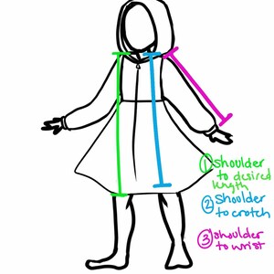 May include: A hand-drawn illustration of a person wearing a hooded dress, with colored lines indicating measurement points. The text labels include "shoulder to desired length," "shoulder to crotch," and "shoulder to wrist."