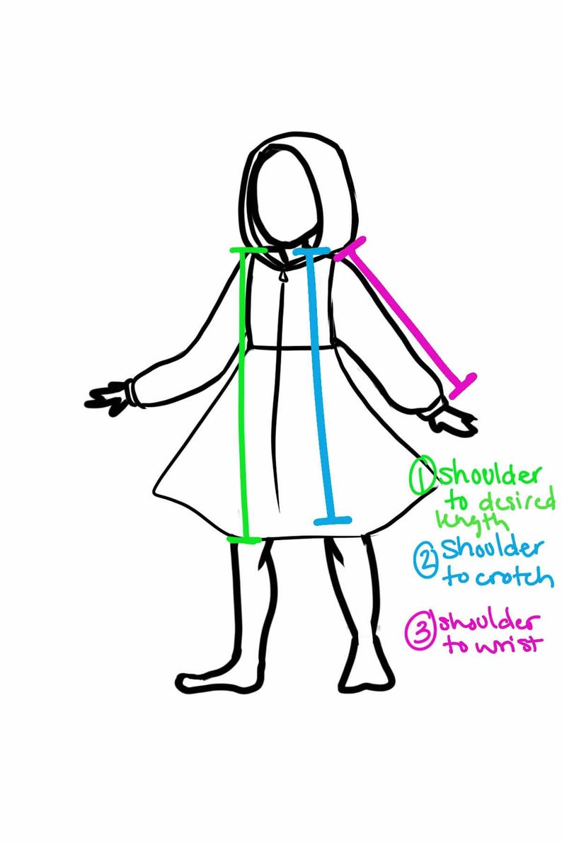 May include: A hand-drawn illustration of a person wearing a hooded dress, with colored lines indicating measurement points. The text labels include "shoulder to desired length," "shoulder to crotch," and "shoulder to wrist."