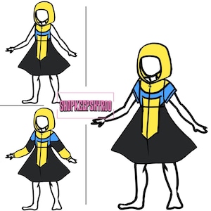 May include: Illustration of a hooded dress design in yellow, blue, and black. The dress features a yellow hood, blue shoulder accents, and a black skirt. The text "SHOPKEEPSHYROO" is visible.