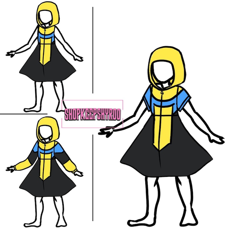 May include: Illustration of a hooded dress design in yellow, blue, and black. The dress features a yellow hood, blue shoulder accents, and a black skirt. The text "SHOPKEEPSHYROO" is visible.