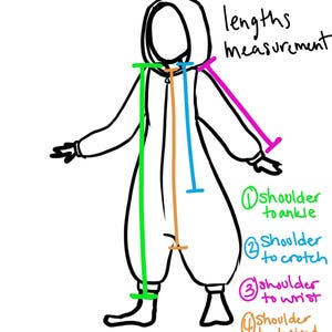 May include: A line drawing of a hooded jumpsuit with colored lines indicating measurement points. The text "lengths measurement" is above the figure. Measurement points are labeled: shoulder to ankle, shoulder to crotch, shoulder to wrist, and shoulder to desired drop-crotch length.