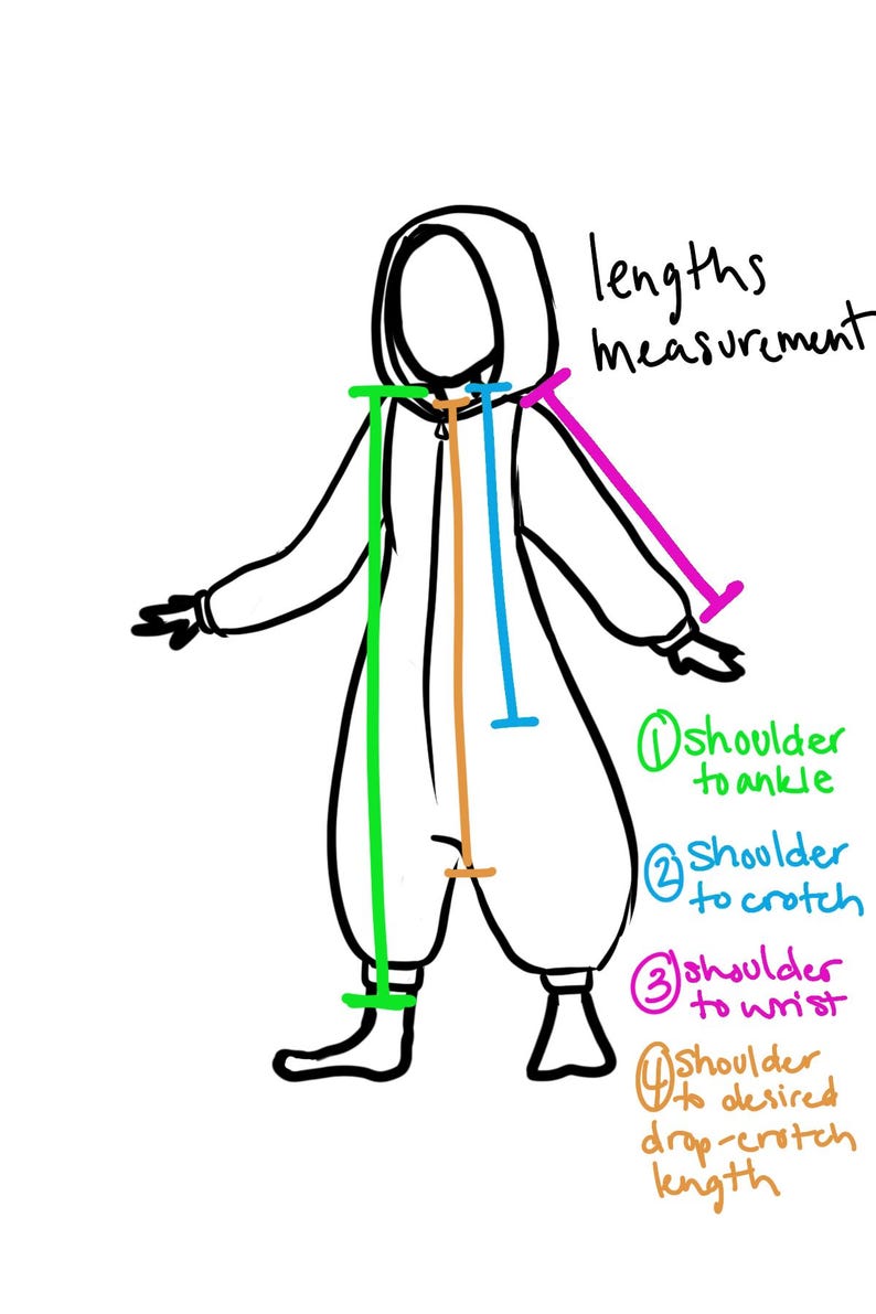May include: A line drawing of a hooded jumpsuit with colored lines indicating measurement points. The text "lengths measurement" is above the figure. Measurement points are labeled: shoulder to ankle, shoulder to crotch, shoulder to wrist, and shoulder to desired drop-crotch length.