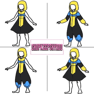 May include: Four illustrations of a hooded jumpsuit design in black, yellow, and blue. The design features a yellow hood, a yellow and blue front panel, and black sleeves and pants. The text "SHOPKEEPSHYROO" is in a pink rectangle.