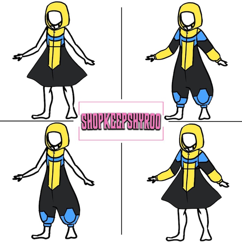 May include: Four illustrations of a hooded jumpsuit design in black, yellow, and blue. The design features a yellow hood, a yellow and blue front panel, and black sleeves and pants. The text "SHOPKEEPSHYROO" is in a pink rectangle.