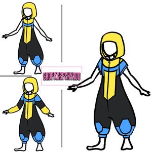 May include: Illustration of a character wearing a yellow hooded jumpsuit with blue and black accents. The jumpsuit has a zipper down the front. The text "SHOPKEEPSHYROO" is in a pink box.