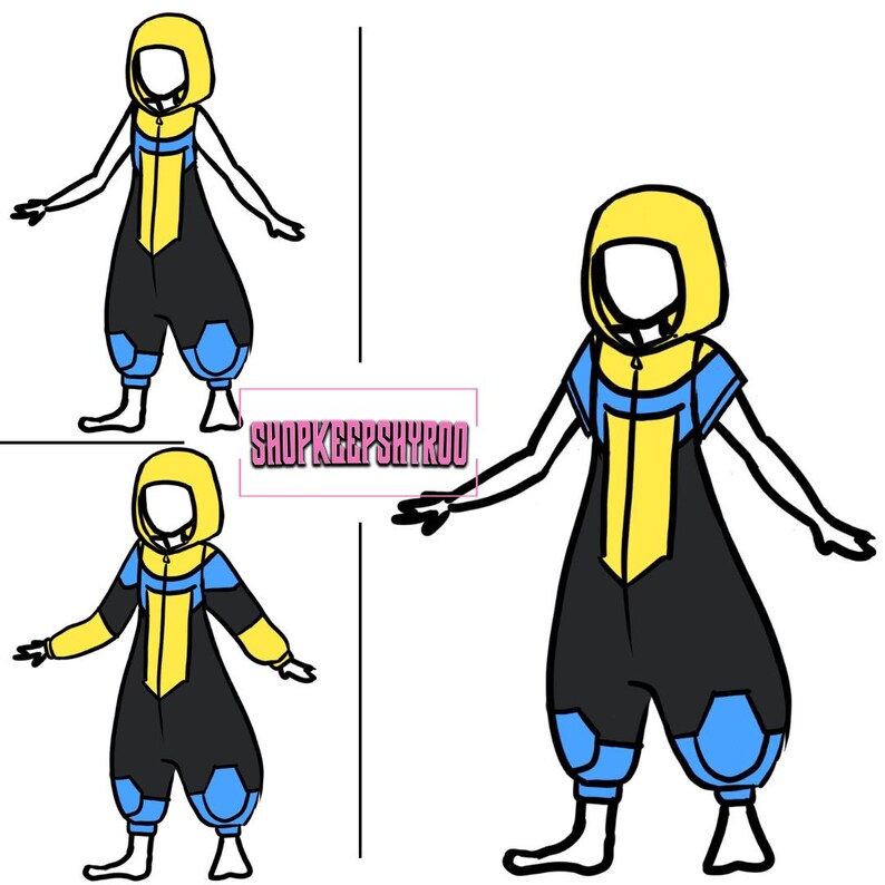 May include: Illustration of a character wearing a yellow hooded jumpsuit with blue and black accents. The jumpsuit has a zipper down the front. The text "SHOPKEEPSHYROO" is in a pink box.