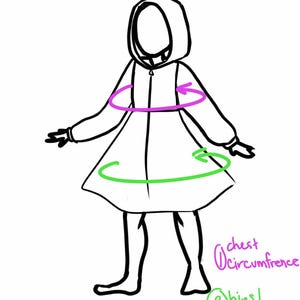 May include: Line drawing of a hooded coat with measurement indicators. The pink arrow indicates chest circumference, and the green arrow indicates hips/stomach circumference. The coat has a zipper closure.