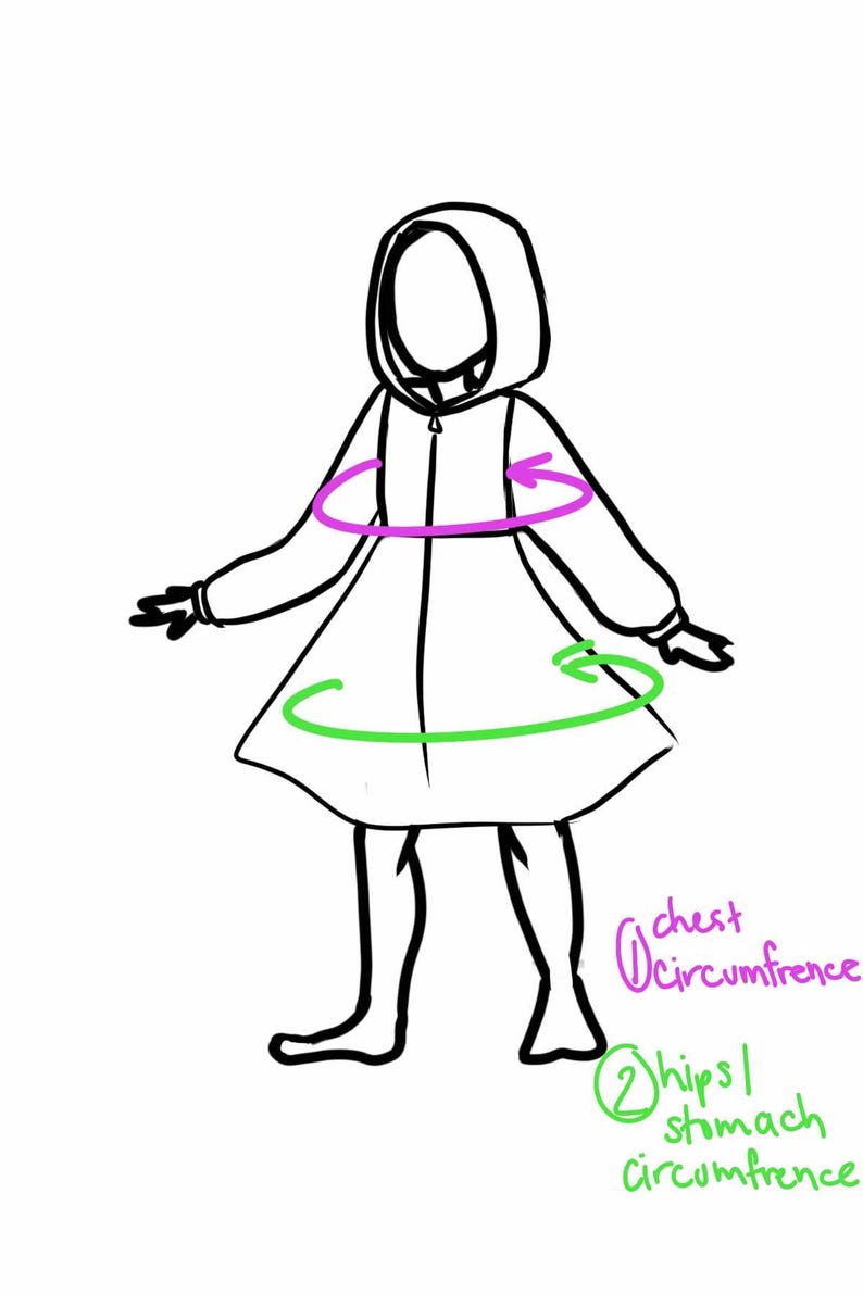 May include: Line drawing of a hooded coat with measurement indicators. The pink arrow indicates chest circumference, and the green arrow indicates hips/stomach circumference. The coat has a zipper closure.