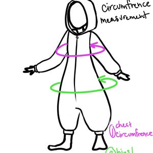 May include: Line drawing of a hooded jumpsuit with circumference measurement labels. The text reads "Circumference measurement", "chest circumference", and "hips/stomach circumference". The measurements are indicated with pink and green circles.