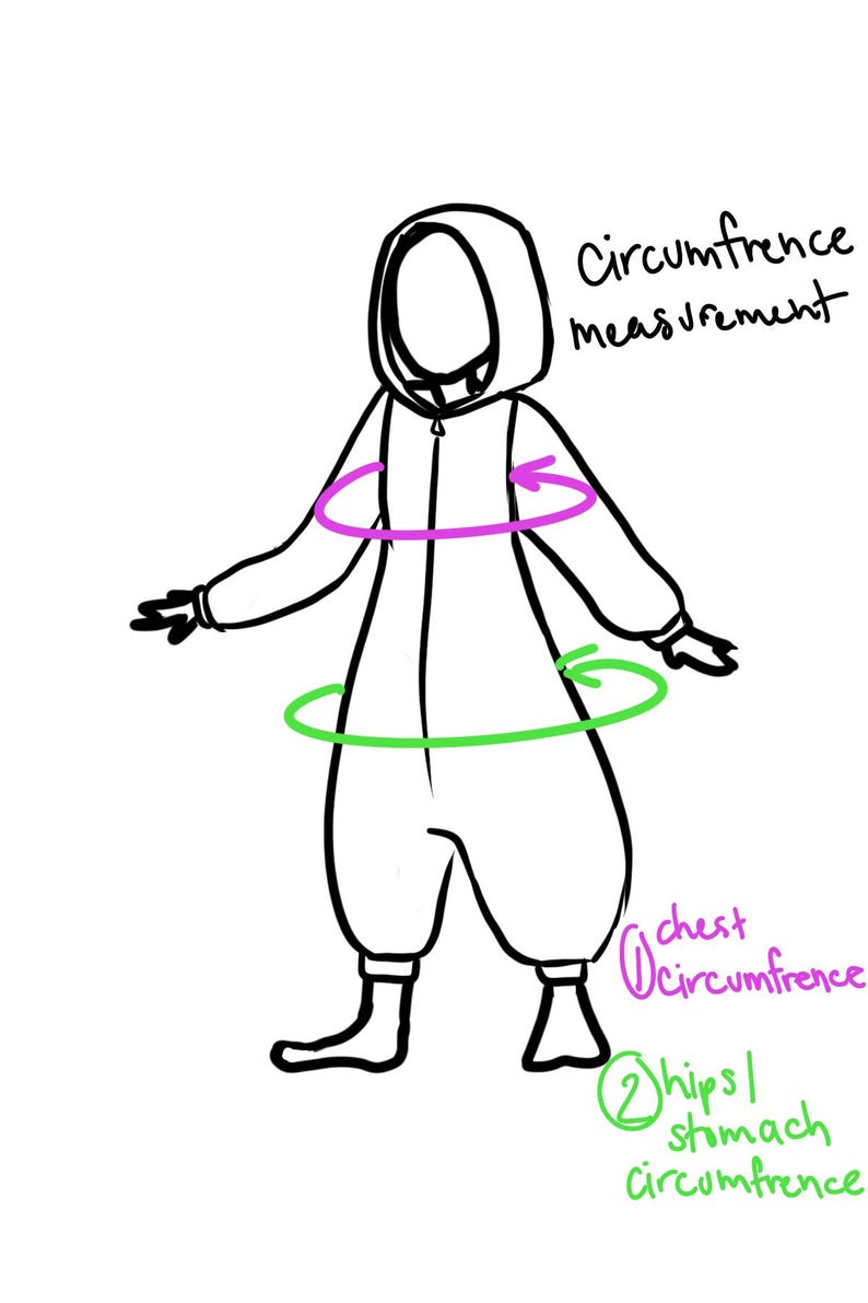 May include: Line drawing of a hooded jumpsuit with circumference measurement labels. The text reads "Circumference measurement", "chest circumference", and "hips/stomach circumference". The measurements are indicated with pink and green circles.
