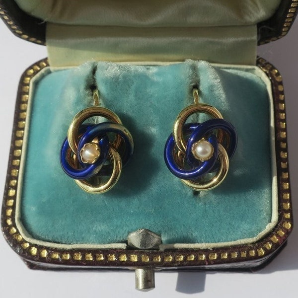 Grandes boucles d’oreilles dormeuses anciennes émail bleu or massif 18 carats 750 France XIXème Napoléon III victorien