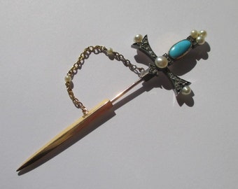Épingle à Cravate Ancienne En Or 18 Carats (750°) - Forme D'épée - Vers 1900 - Bijou Vintage