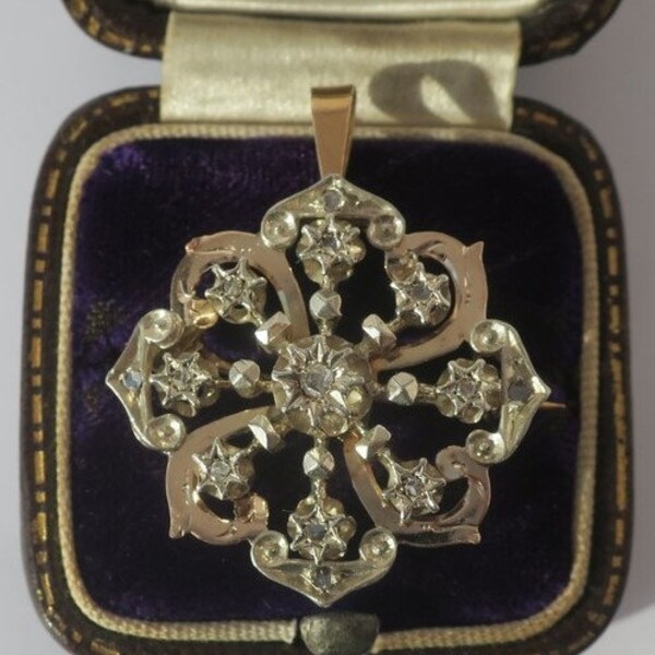 Superbe pendentif et broche ancien Art Nouveau fleur diamants or massif 18 carats et argent France régional vers 1900 5g