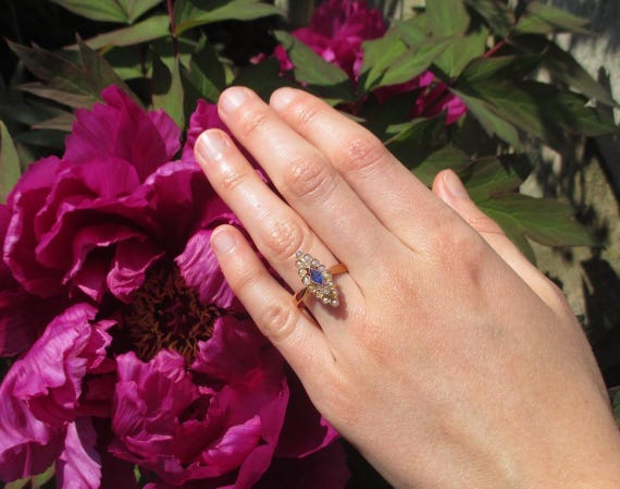 Bague Marquise XIXe Siècle Diamants Et Rubis Or Rose 18 Carats Platine - Taille 55