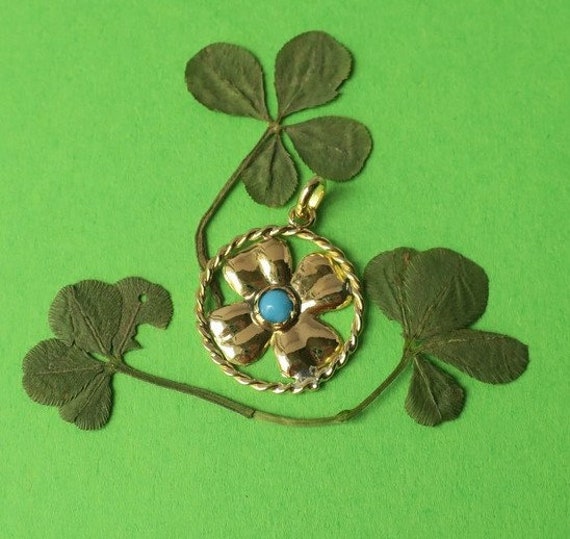 Vintage lucky pendant four-leaf clover solid gold… - image 10