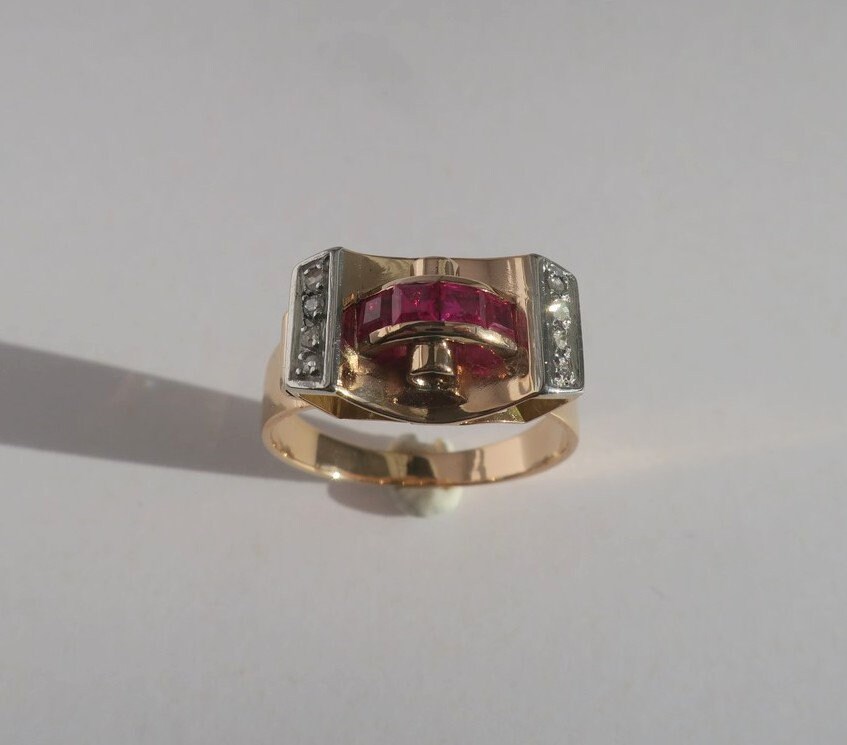 Bague Tank Art Déco En Or Rose 18k Avec Diamant Taille Ancienne 1,25 Carats - Taille 52