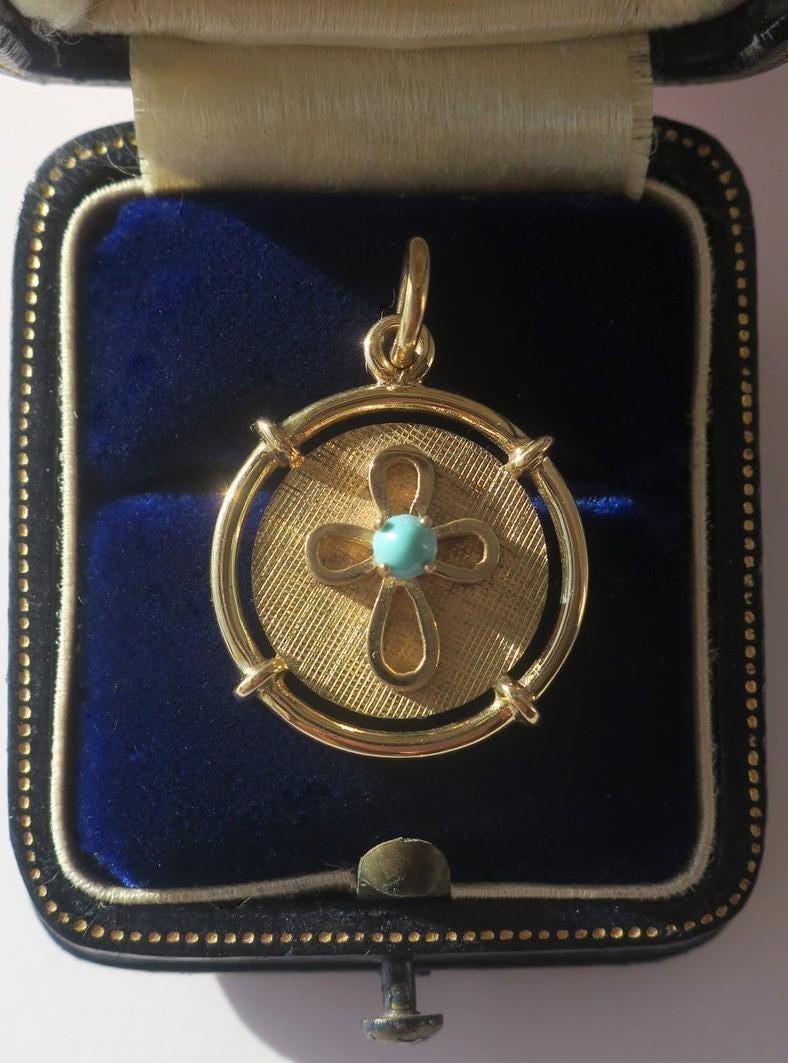 Pendentif Médaille Croix En Or Massif 18 Carats Avec Turquoise - Neuf, Naissance/baptême, Occasion Très Bon état