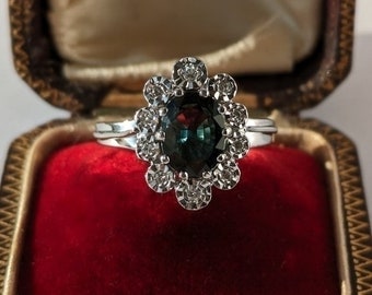 Superb Pompadour ring oval green sapphire diamonds solid 18 carat white gold French work engagement wedding love